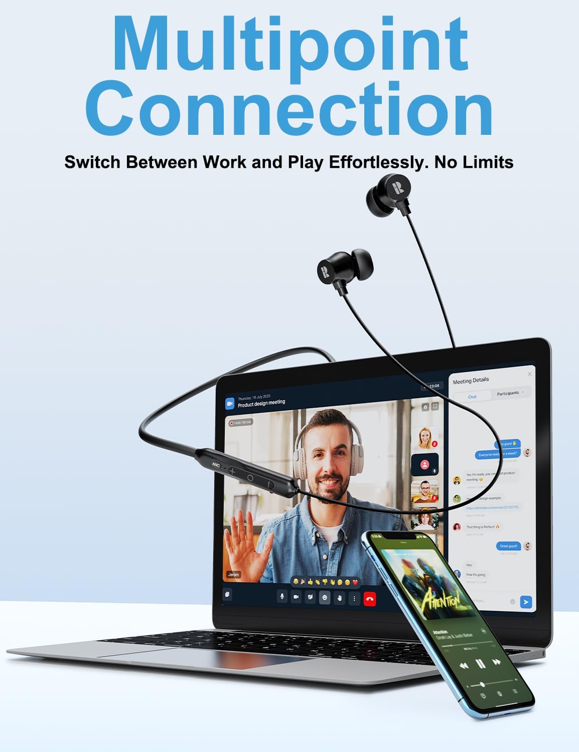 Rythflo Active Noise Cancelling Headphones, Wireless in Ear Neckband Blutooth Headphones with 3 AI Mics ENC, 60Hrs Playtime, V5.3 Multipoint Connection Magnetic Earbuds for Work/Travel/Home/Office - Image 7