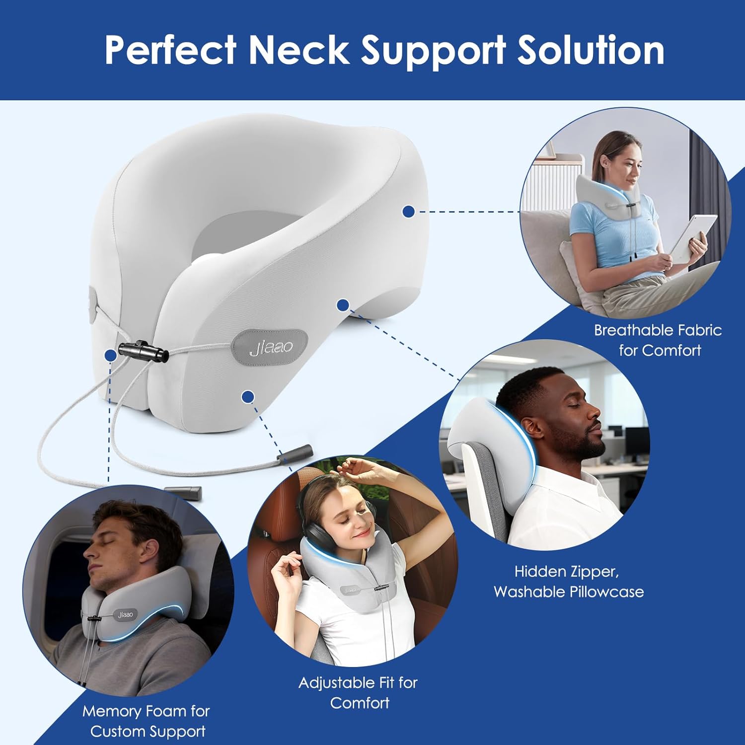 jiaao Travel Pillow Memory Foam Neck Support, Advanced Memory Foam Neck Pillow for Airplanes, Cars & Trains with Eye Mask, Earplugs & Storage Bag - Image 4