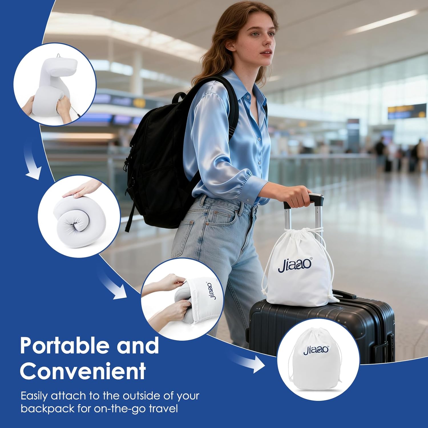 jiaao Travel Pillow Memory Foam Neck Support, Advanced Memory Foam Neck Pillow for Airplanes, Cars & Trains with Eye Mask, Earplugs & Storage Bag - Image 6