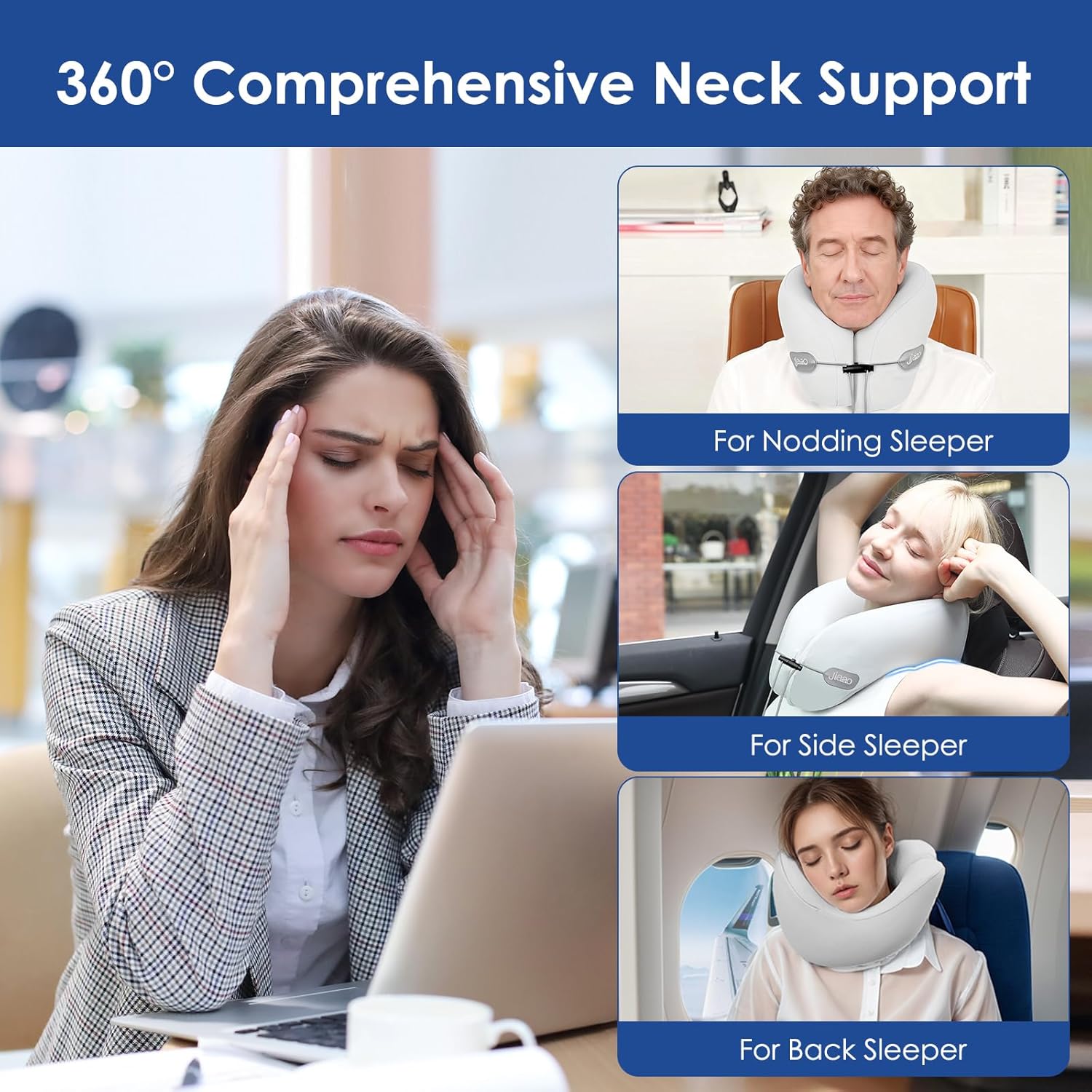 jiaao Travel Pillow Memory Foam Neck Support, Advanced Memory Foam Neck Pillow for Airplanes, Cars & Trains with Eye Mask, Earplugs & Storage Bag - Image 2