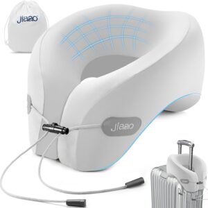jiaao Travel Pillow Memory Foam Neck Support, Advanced Memory Foam Neck Pillow for Airplanes, Cars & Trains with Eye Mask, Earplugs & Storage Bag