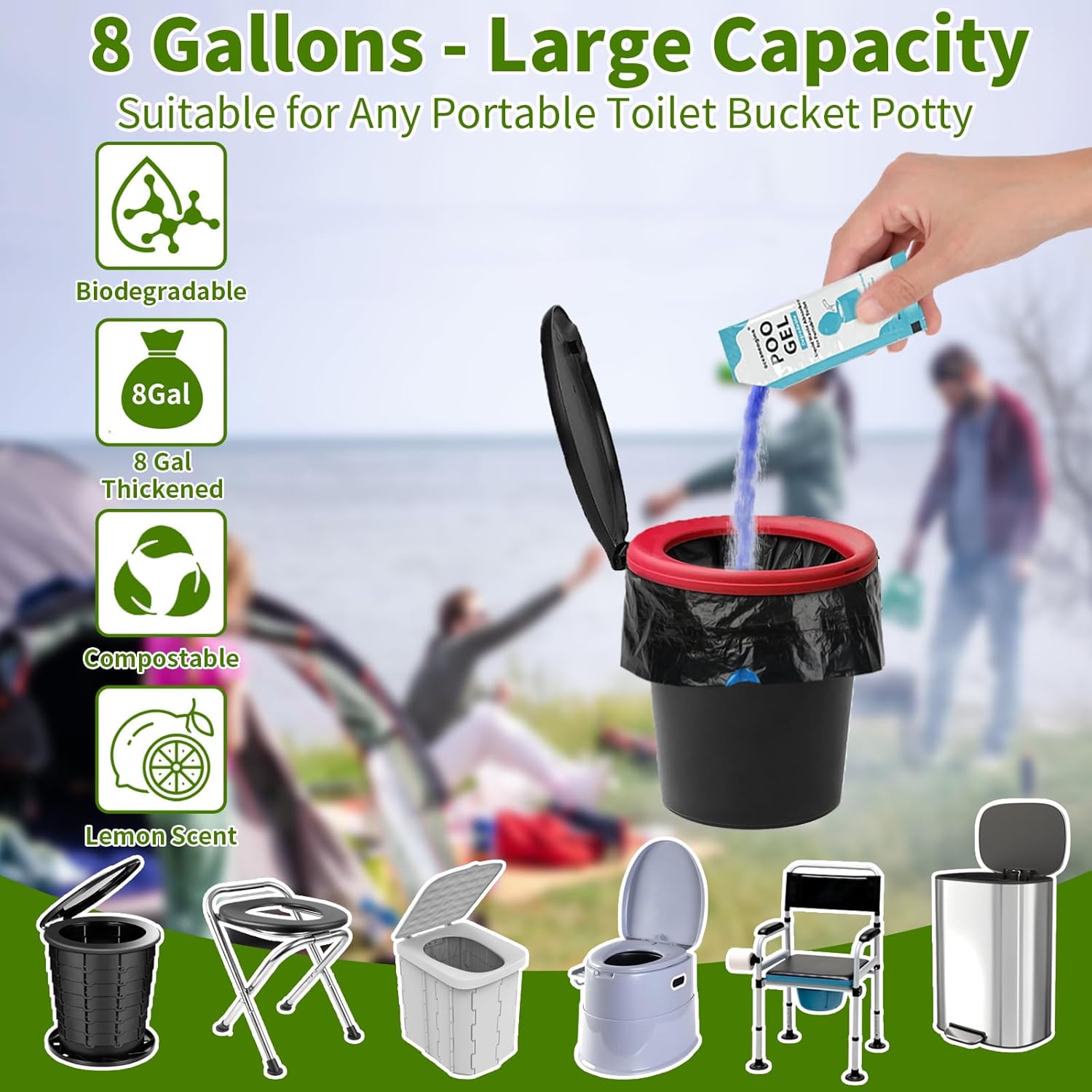 oceanengine Portable Toilet Bags Poo Gel Set, 8 Gallon Camping Toilet Bags with Portable Toilet Absorbent Gel, Compostable Portable Potty Bags for Camping Outdoor Hiking - Image 2