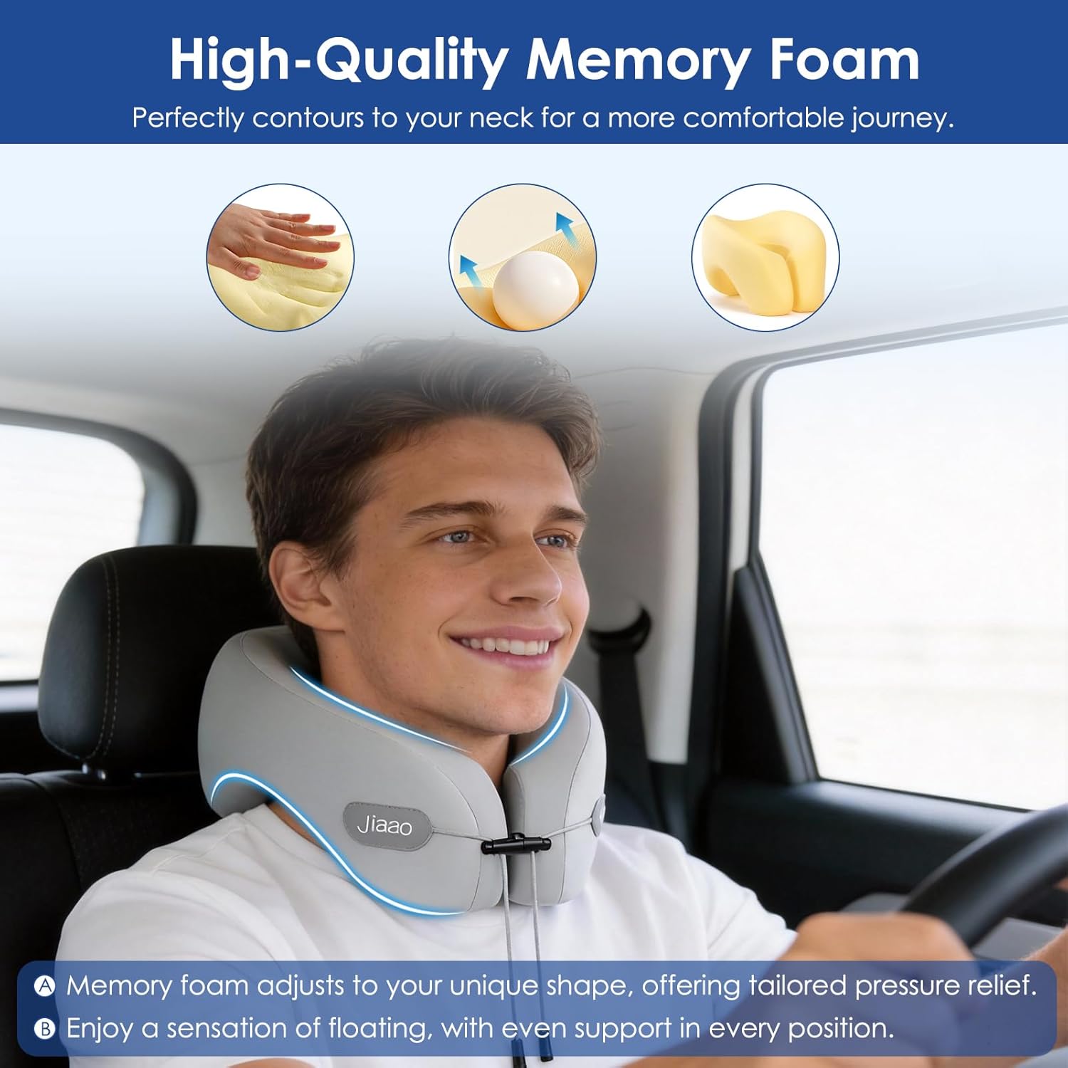 jiaao Travel Pillow Memory Foam Neck Support, Advanced Memory Foam Neck Pillow for Airplanes, Cars & Trains with Eye Mask, Earplugs & Storage Bag - Image 3
