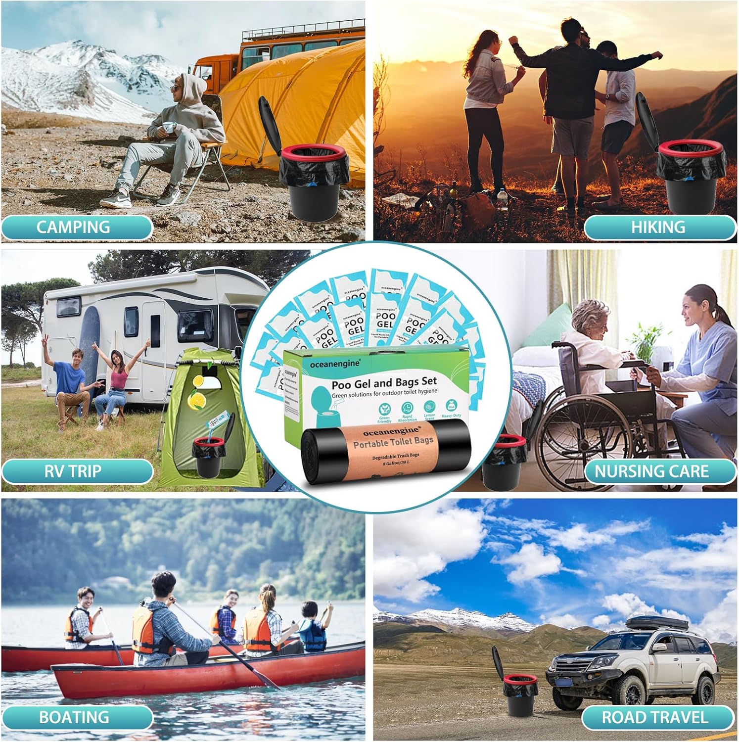 oceanengine Portable Toilet Bags Poo Gel Set, 8 Gallon Camping Toilet Bags with Portable Toilet Absorbent Gel, Compostable Portable Potty Bags for Camping Outdoor Hiking - Image 6