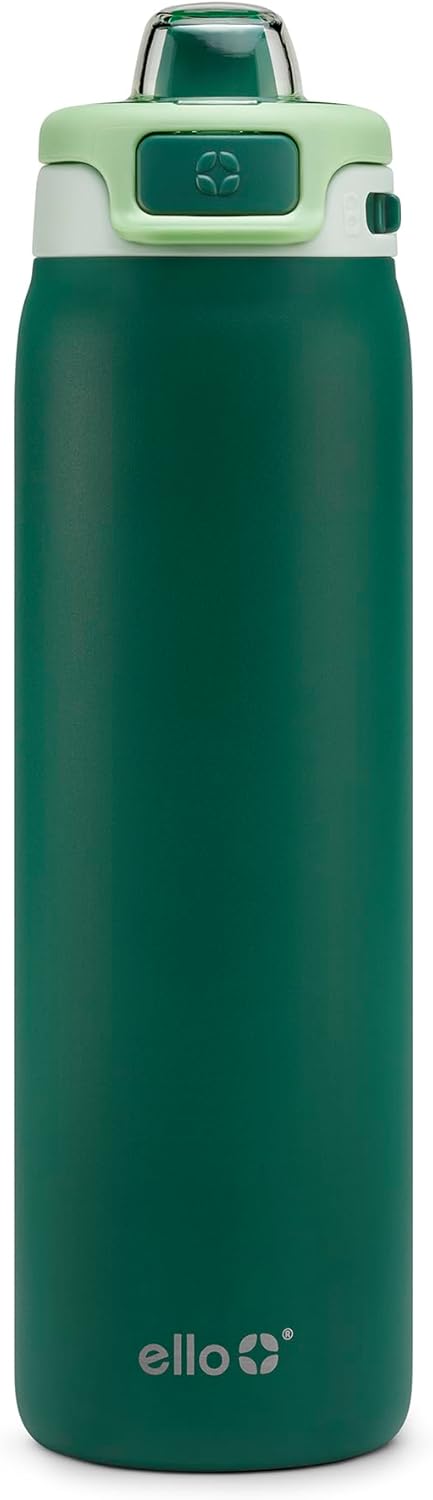 Ello Pop & Fill 22oz Stainless Steel Water Bottle with Quick Fill Technology, Double Walled and Vacuum Insulated Metal, Leak Proof Locking Lid, Sip and Chug, Reusable, BPA Free, Forest Mist