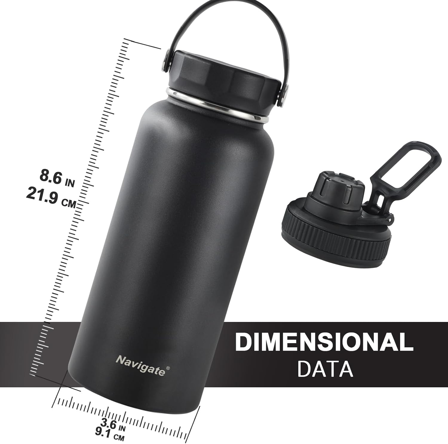 Navigate 32 oz Insulated Stainless Steel Sports Water Bottle with Spout & Handle Lids,Wide Mouth Water Jug with Double Walled Leak Proof Keep Cold for 24 Hrs Hot for 12 Hrs,Black - Image 2