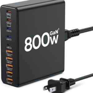 800W USB C Charger Block,10-Port Charging Station GaN Fast Charging Type C & USB A Wall Charger Adapter for MacBook Pro/Air,iPhone,iPad,Dell XPS,Samsung Galaxy (Bright Black)