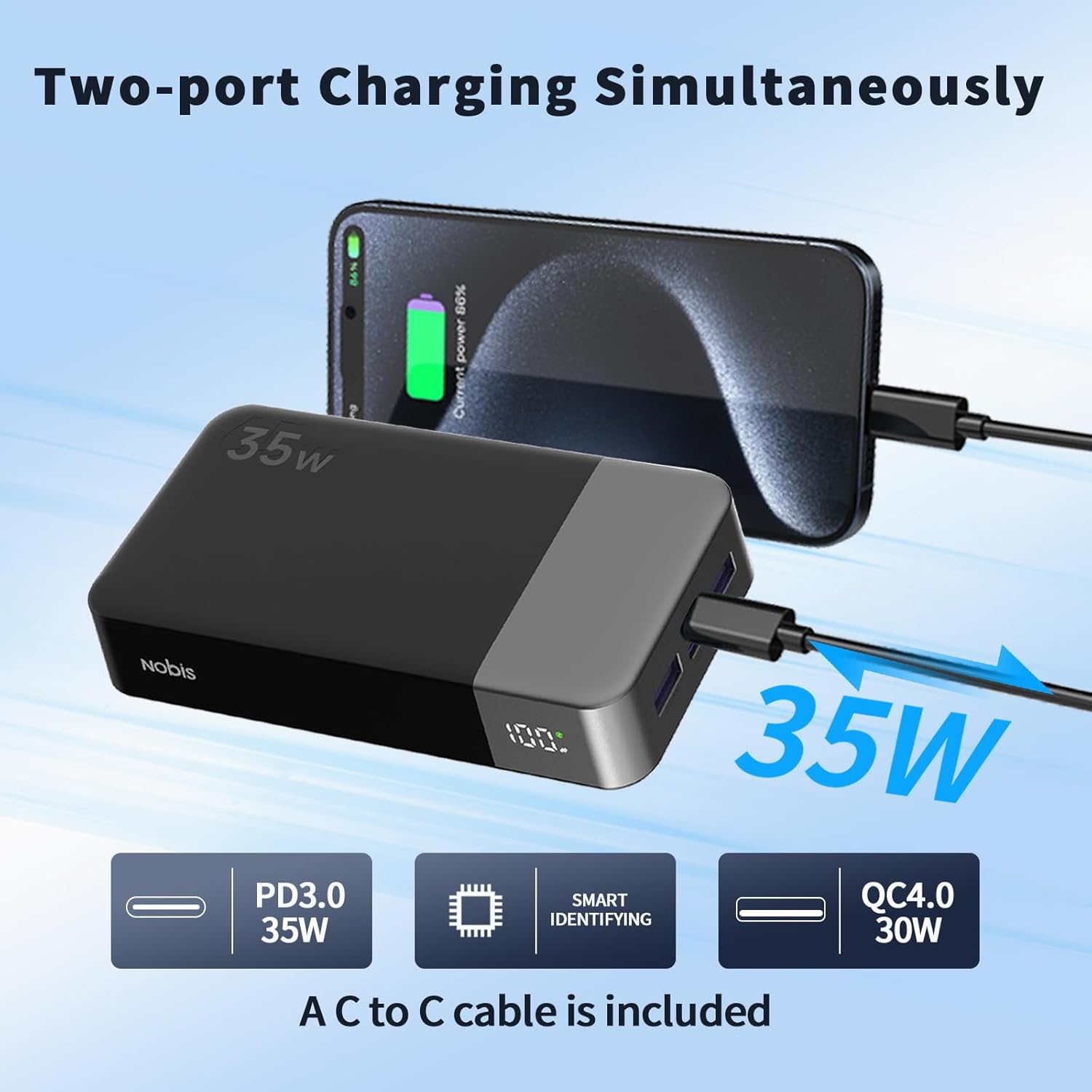 NOBIS Portable Charger, 20000mAh Power Bank, 35W Power Bank Fast Charging, Battery Pack with C to C Cable, Battery Bank with Digital Display for Phone Android etc - Image 3
