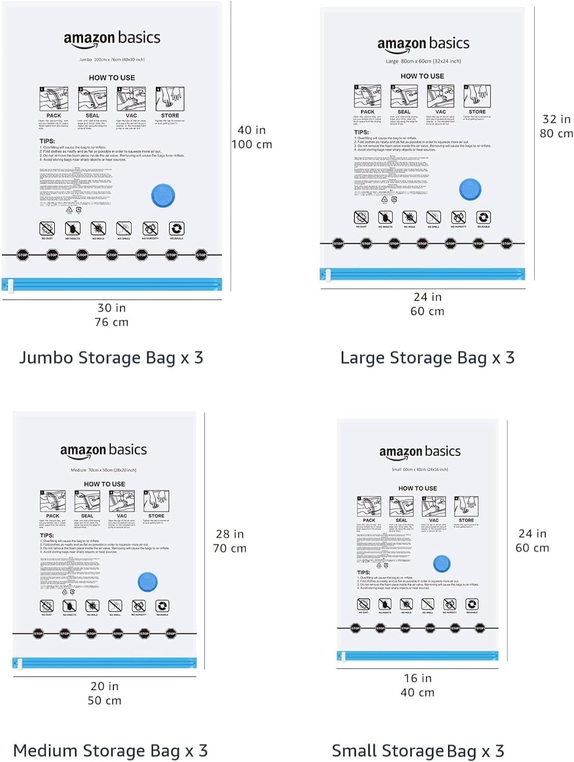 Amazon Basics Vacuum Storage Bags with Hand Pump for Travel, Space Saving Compression Bags for Clothes and Blankets, Clear, 12 Pack (3 Small, 3 Medium, 3 Large & 3 Jumbo) - Image 6