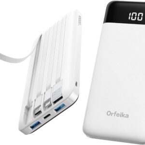 Orfeika Portable Phone Charger, 10000mAh Portable Charger Power Bank with Built-in Cables, Travel Essential Battery Pack Compatible with iPhone, Samsung, Google, iPads, Tablets, etc