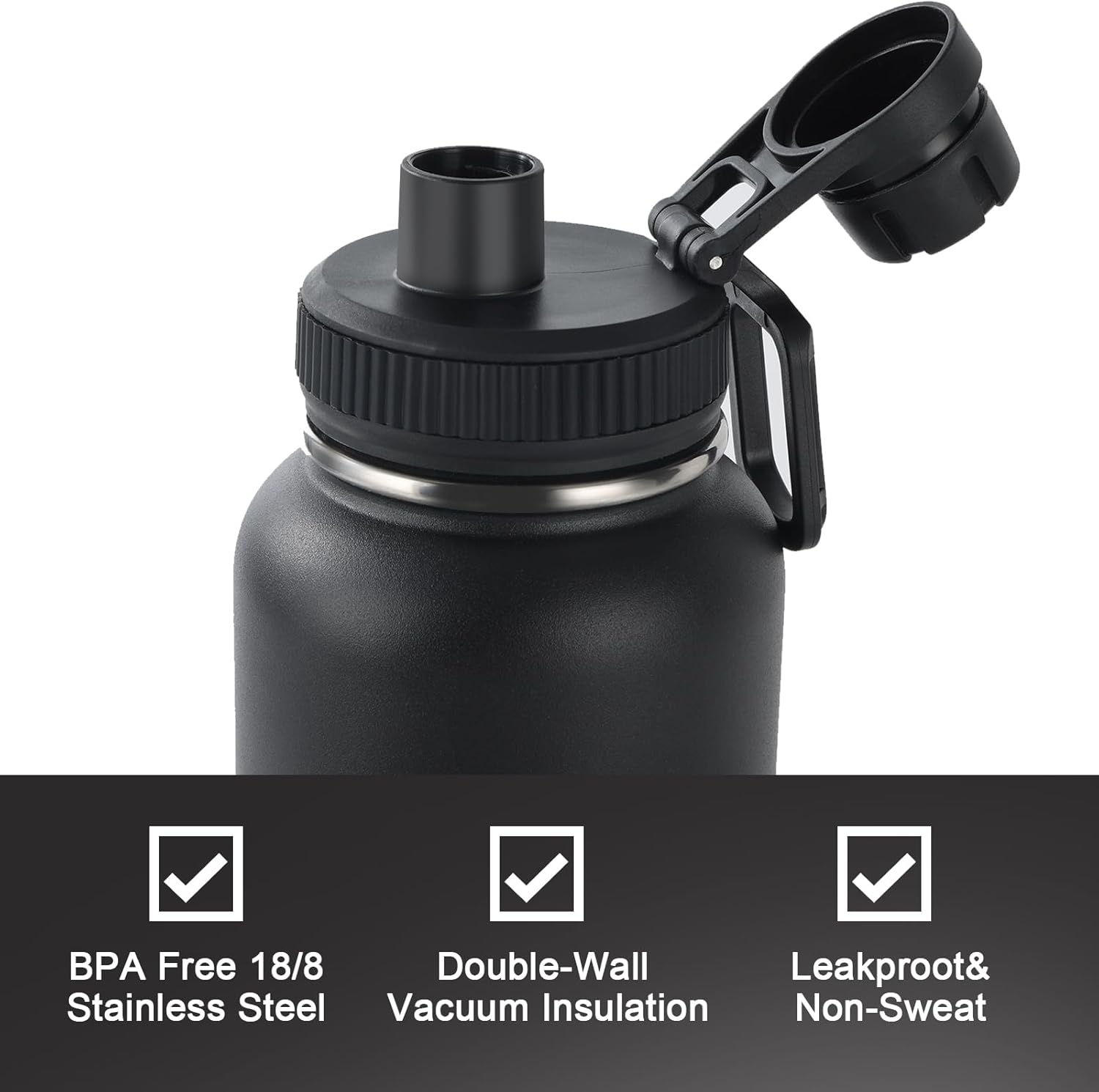 Navigate 32 oz Insulated Stainless Steel Sports Water Bottle with Spout & Handle Lids,Wide Mouth Water Jug with Double Walled Leak Proof Keep Cold for 24 Hrs Hot for 12 Hrs,Black - Image 4