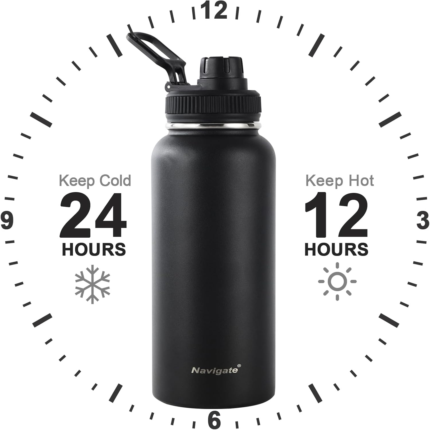 Navigate 32 oz Insulated Stainless Steel Sports Water Bottle with Spout & Handle Lids,Wide Mouth Water Jug with Double Walled Leak Proof Keep Cold for 24 Hrs Hot for 12 Hrs,Black - Image 3