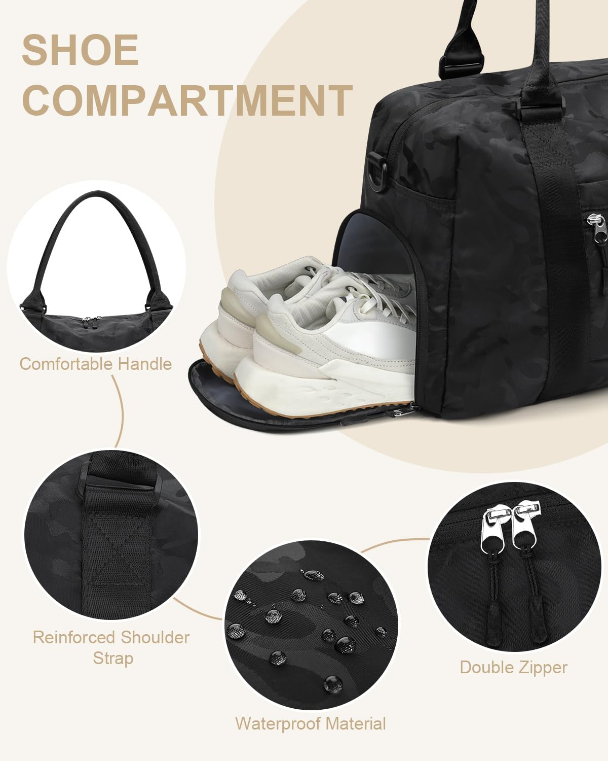 Travel Duffle Bag for Women Large Weekender Overnight Bags Gym Bag with Shoe Compartment Waterproof Hospital Bag Carry On Tote Bag for Airplanes,Camo Black - Image 5