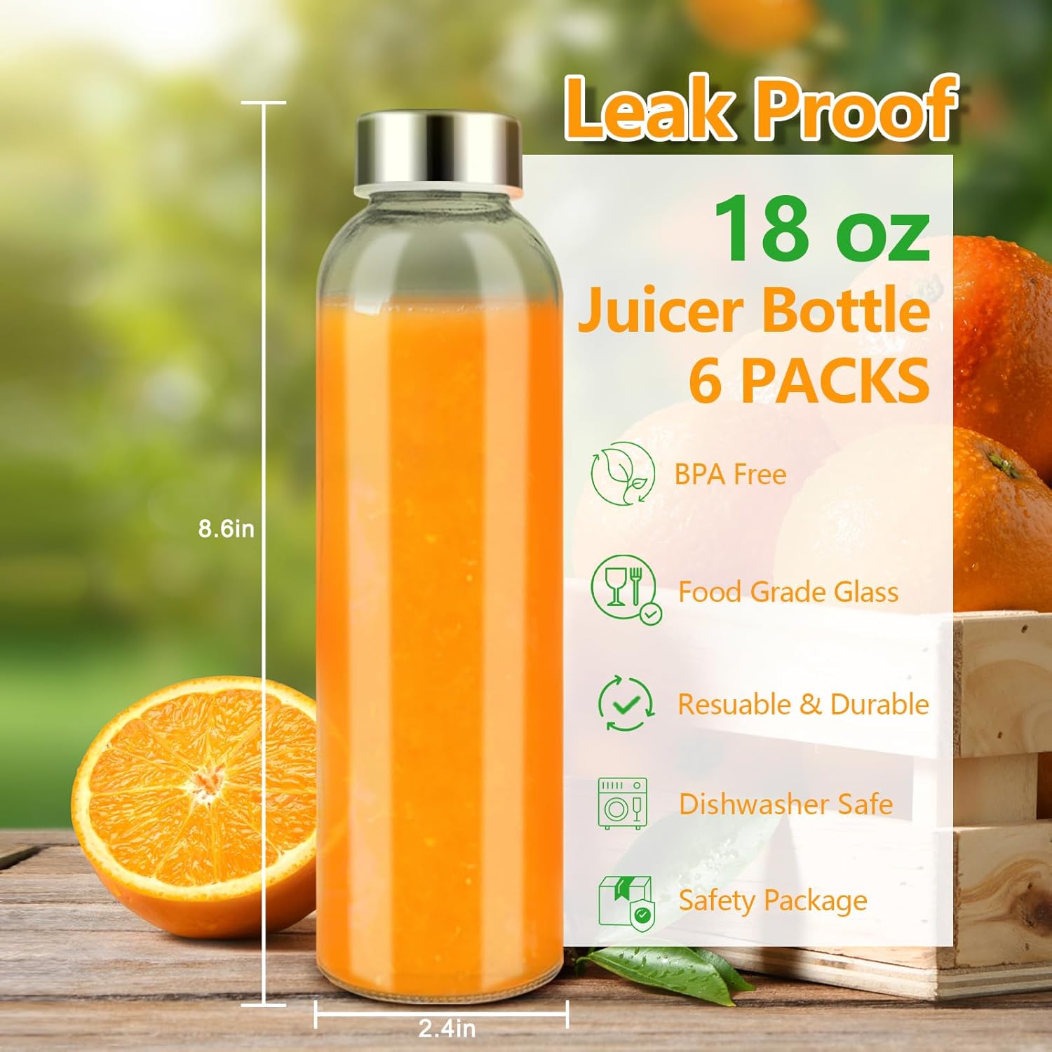 Zukro Glass Juice Bottles with Lids for Juicing 18 oz, Reusable Clear Glass Water Bottles with Stainless Steel Airtight Cap for Refrigerator, 100% Leak Proof Drinking Jar, BPA Free, Set of 6 - Image 2