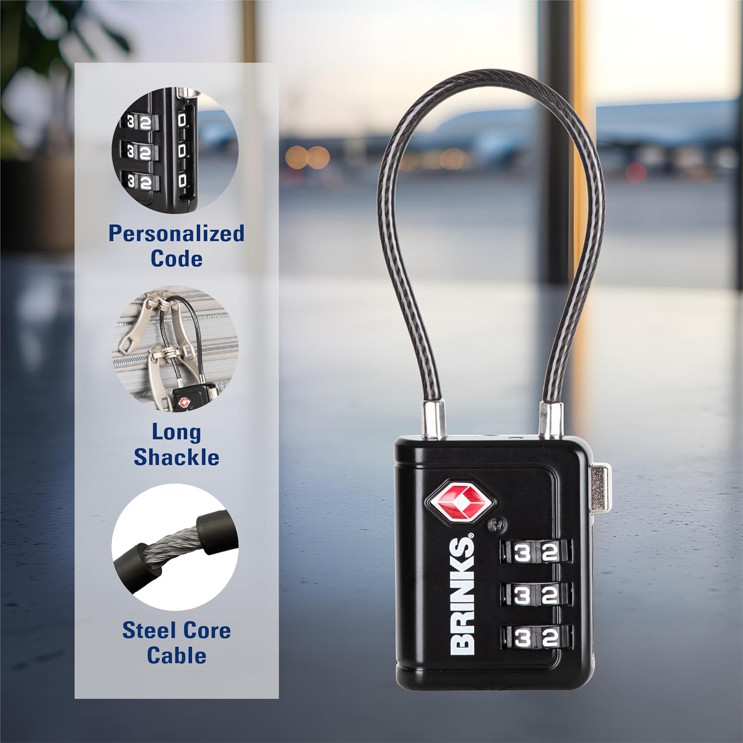 Brinks TSA Accepted Indicator Luggage Lock, Black - Resettable 3-Dial Combination, 2.5 inch Long Cable Shackle, New More Secure TSA008 Key, 2 Pack - Image 4