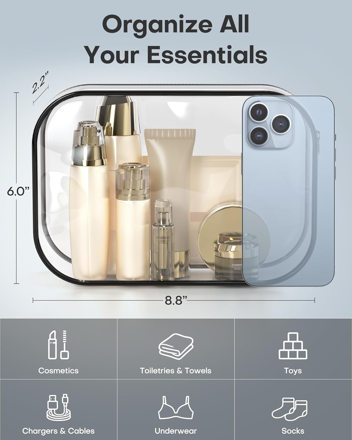 HOTOR Clear Toiletry Bag for Men & Women - TSA Approved Travel Essentials, Waterproof PVC Zippered Makeup Bag for Gym, Airplane & Daily Use, 8.8" x 6.0" x 2.2", 3 Packs - Image 2