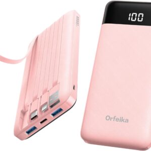 Orfeika Portable Phone Charger, 10000mAh Portable Charger Power Bank with Built-in Cables, Travel Essential Battery Pack Compatible with iPhone, Samsung, Google, iPads, Tablets, etc