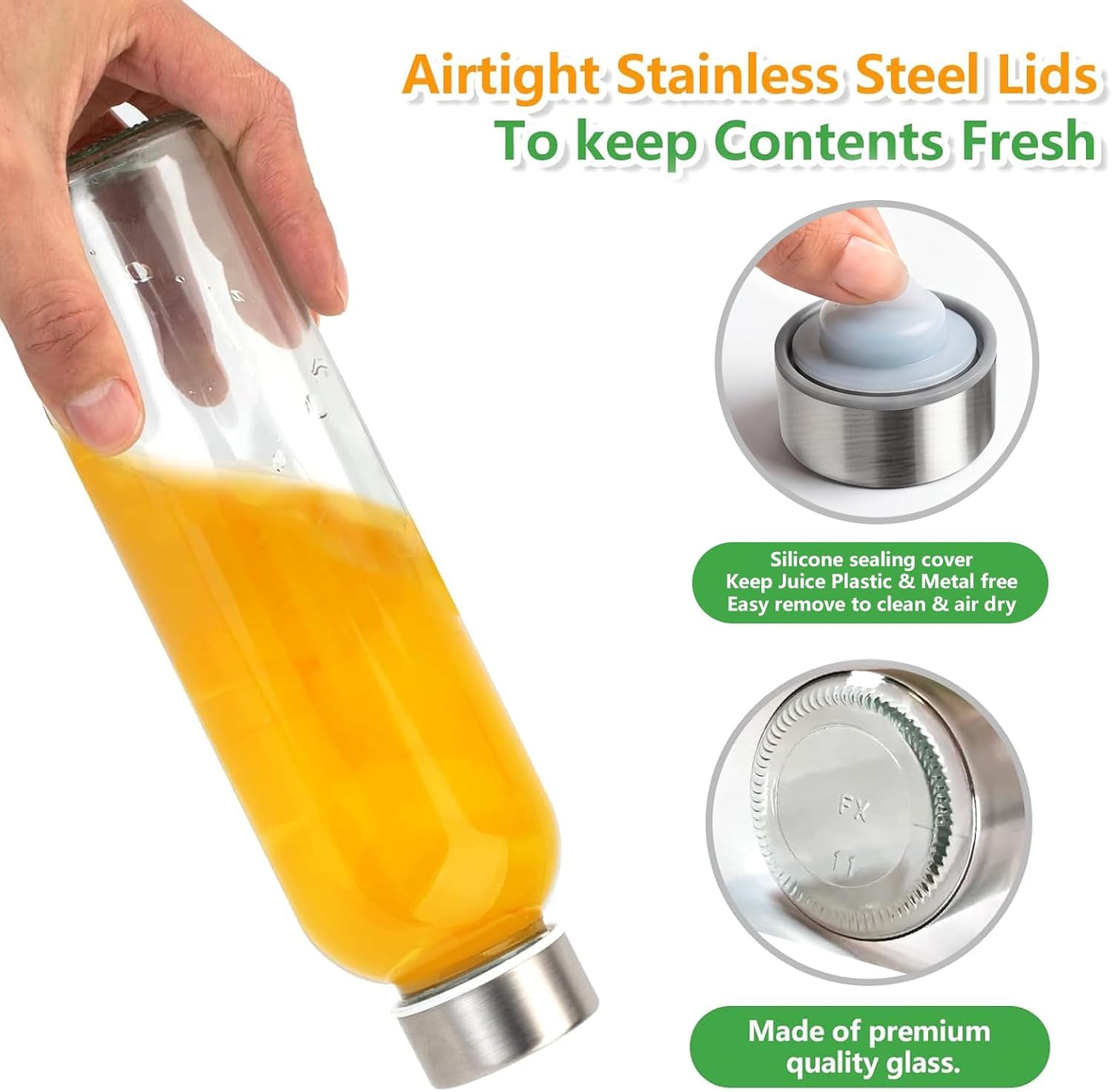 Zukro Glass Juice Bottles with Lids for Juicing 18 oz, Reusable Clear Glass Water Bottles with Stainless Steel Airtight Cap for Refrigerator, 100% Leak Proof Drinking Jar, BPA Free, Set of 6 - Image 4