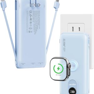 Portable Charger, 10000mAh 22.5W Power Bank Fast Charging with Wall Plug, Built-in Cables, LED Display, Compact Lightweight USB C Travel Battery Pack for iPhone 17/16, Android Cell Phone, Pad, iWatch