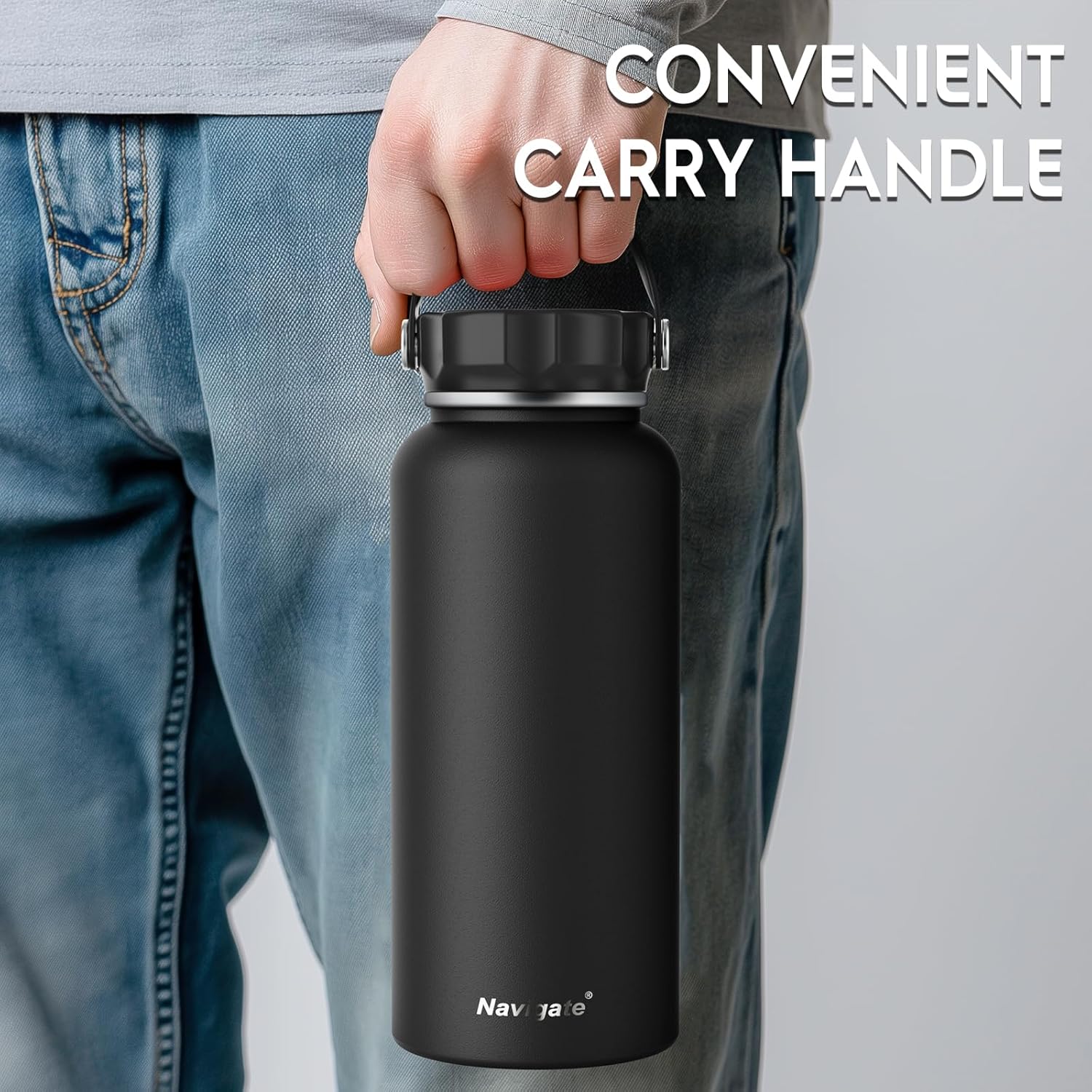 Navigate 32 oz Insulated Stainless Steel Sports Water Bottle with Spout & Handle Lids,Wide Mouth Water Jug with Double Walled Leak Proof Keep Cold for 24 Hrs Hot for 12 Hrs,Black - Image 6