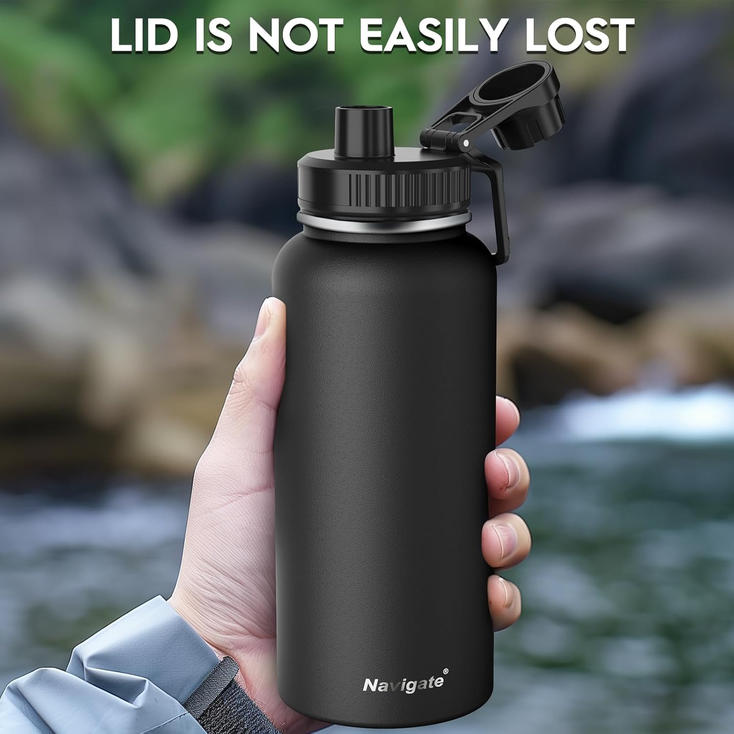 Navigate 32 oz Insulated Stainless Steel Sports Water Bottle with Spout & Handle Lids,Wide Mouth Water Jug with Double Walled Leak Proof Keep Cold for 24 Hrs Hot for 12 Hrs,Black - Image 7