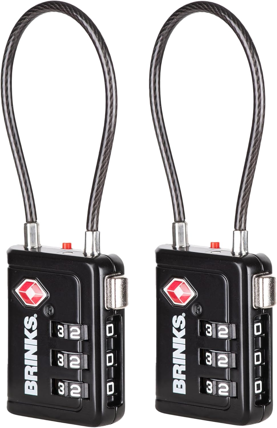 Brinks TSA Accepted Indicator Luggage Lock, Black - Resettable 3-Dial Combination, 2.5 inch Long Cable Shackle, New More Secure TSA008 Key, 2 Pack