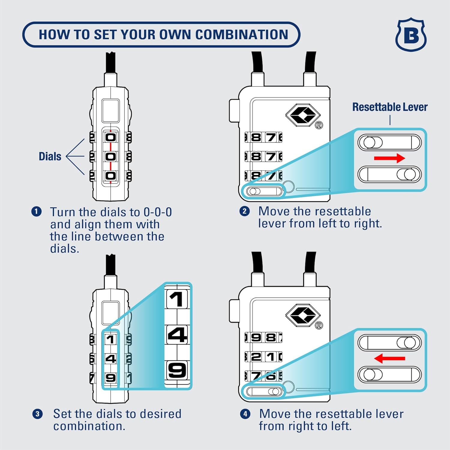Brinks TSA Accepted Indicator Luggage Lock, Black - Resettable 3-Dial Combination, 2.5 inch Long Cable Shackle, New More Secure TSA008 Key, 2 Pack - Image 6