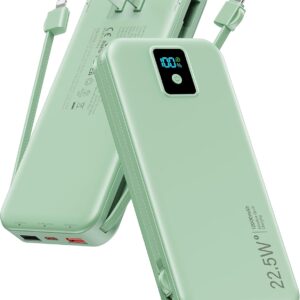 Portable Charger, 12000mAh 22.5W Fast Charging Power Bank with Built-in Cables & Wall Plug, Travel Essentials Battery Pack with LED Display, USB C External Battery Bank for iPhone iPad, Samsung Green