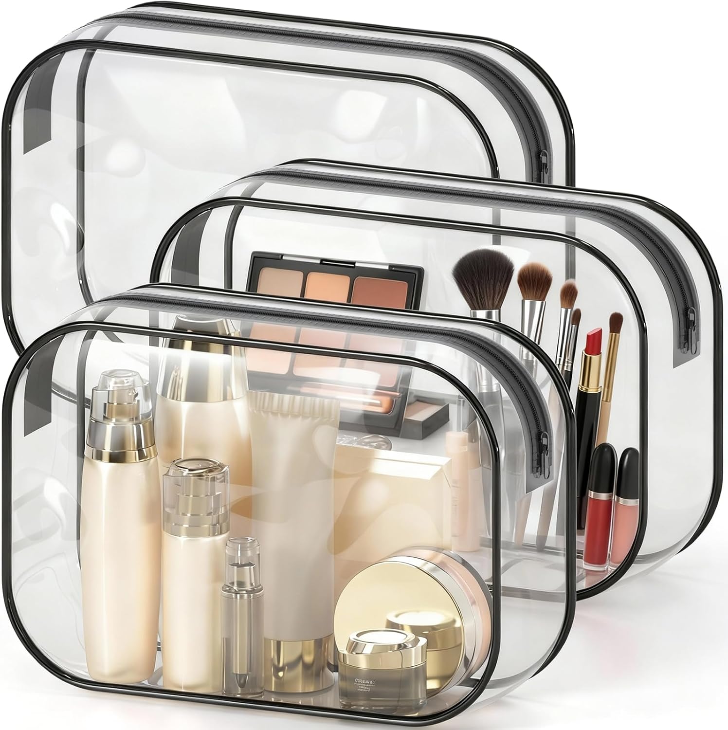 HOTOR Clear Toiletry Bag for Men & Women - TSA Approved Travel Essentials, Waterproof PVC Zippered Makeup Bag for Gym, Airplane & Daily Use, 8.8" x 6.0" x 2.2", 3 Packs