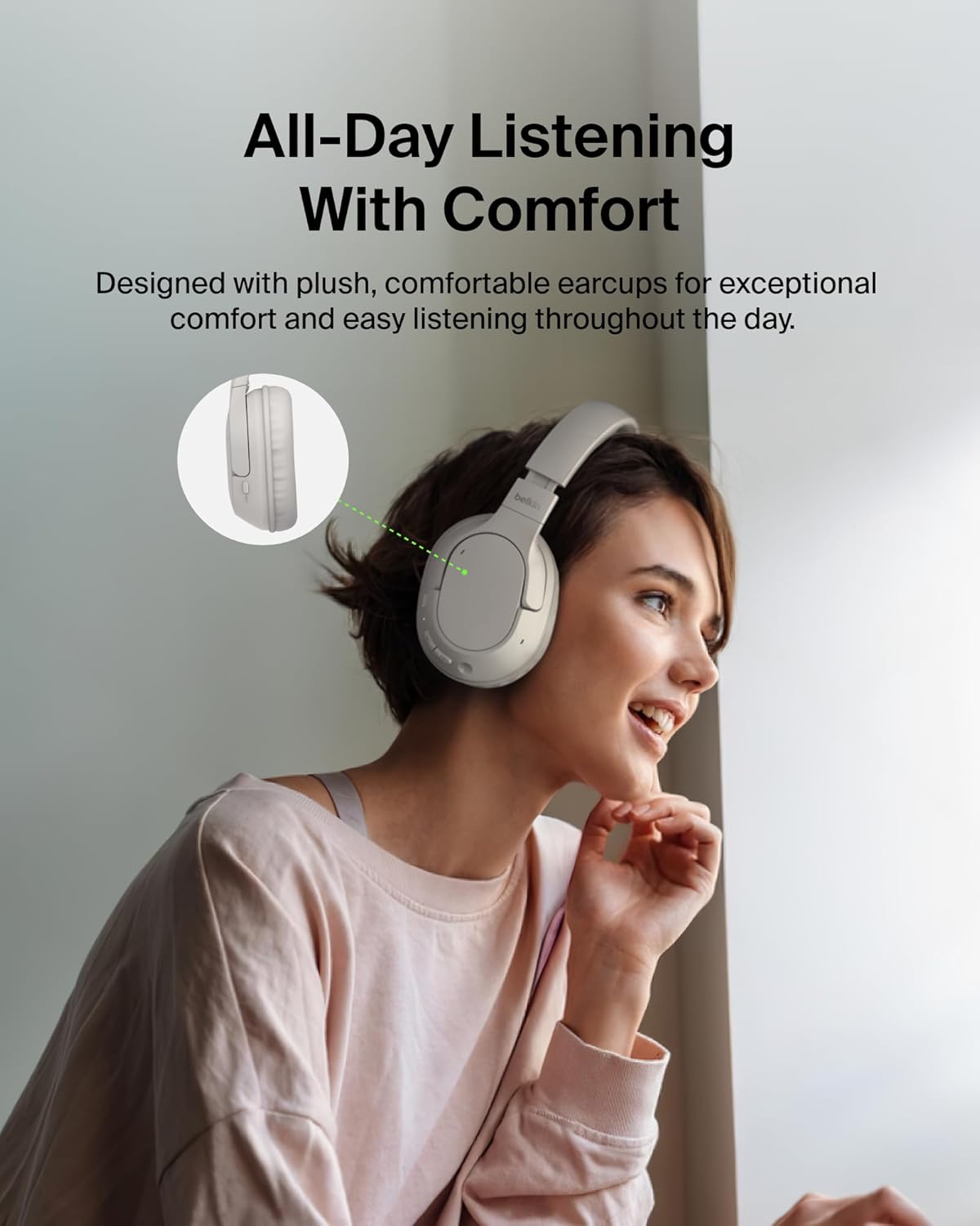 Belkin SoundForm Surround Bluetooth Over-Ear Headphones - Environmental Noise Cancelling Headphones - Wireless w/ 60H Playtime & Soft Ear Cups for iPhone, Galaxy, iPad, Travel, Home, or Office - Sand - Image 7