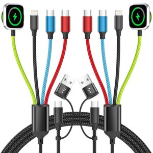 Travel Essentials Watch Charger, 4 in 2 Multi Charging Cable with Dual Type-C, USB A/C Travel Charger for Multiple Devices for iWatch Ultra/SE/11-2, iPhone 17-11, Galaxy S25-21, iPad (2PACK 5FT)