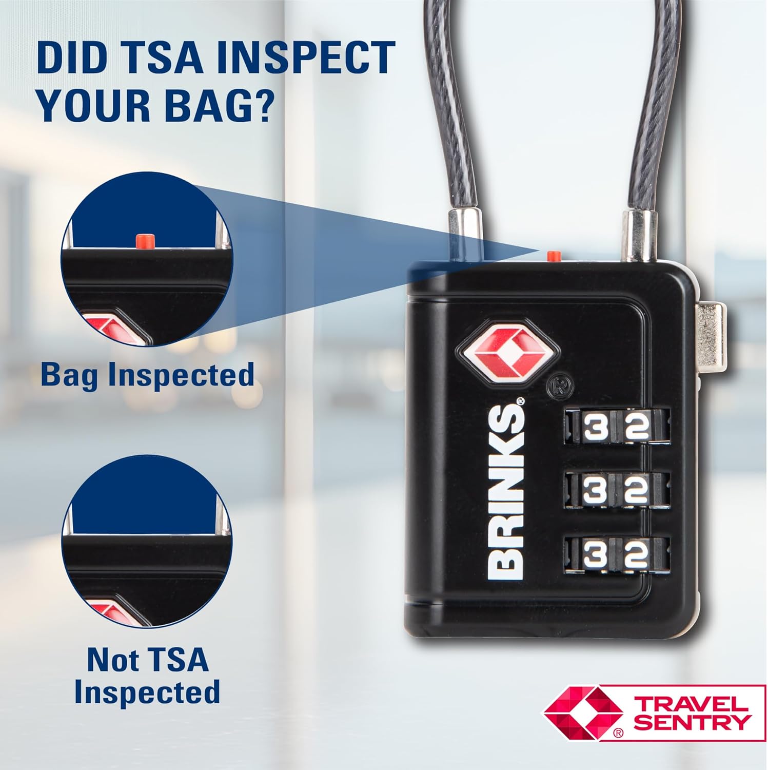 Brinks TSA Accepted Indicator Luggage Lock, Black - Resettable 3-Dial Combination, 2.5 inch Long Cable Shackle, New More Secure TSA008 Key, 2 Pack - Image 2