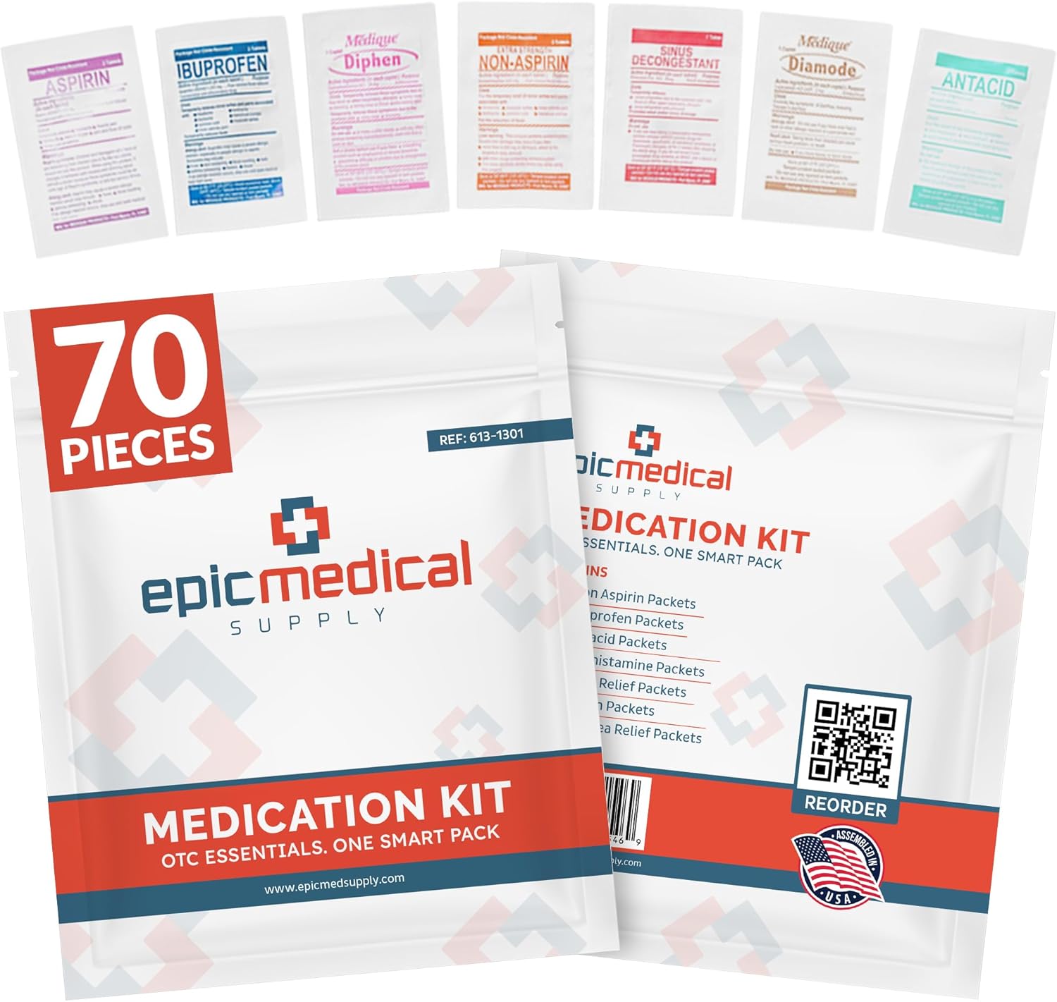 Epic Medical Supply First Aid Kit Medication Refill – 70-Count Unit Dose Packets – Emergency Medicine Kit Pills for 1st Aid Kit Refills, Travel, Office, Dorm, Camping – Assembled in USA (70 Pieces)