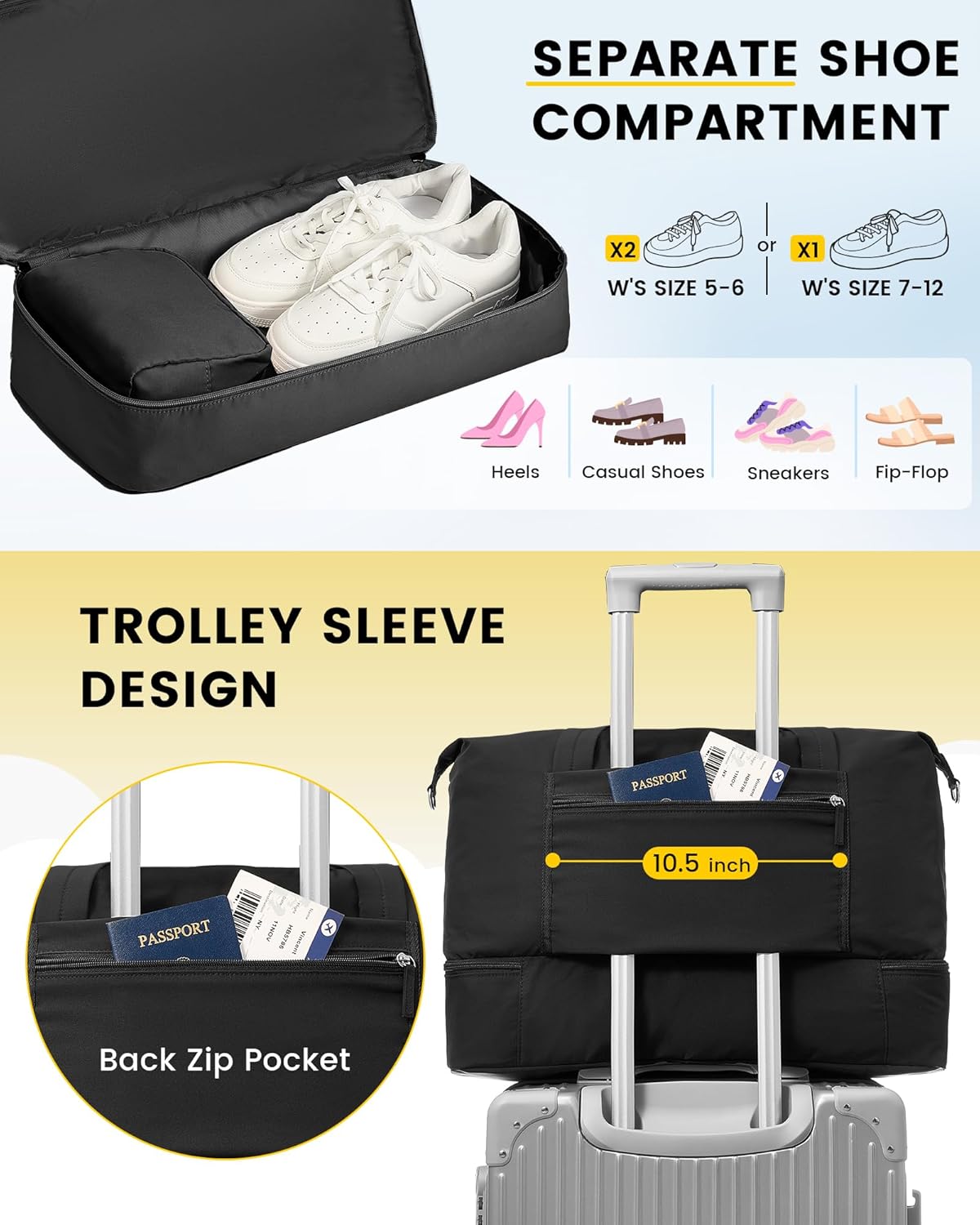 Vorspack Duffle Bag for Travel - 30L Gym Bag for Women Men Personal Item Travel Bag with Shoe Pocket Toiletry Bag Lightweight Carry On Bag for Weekender Overnight Sports - Black - Image 4