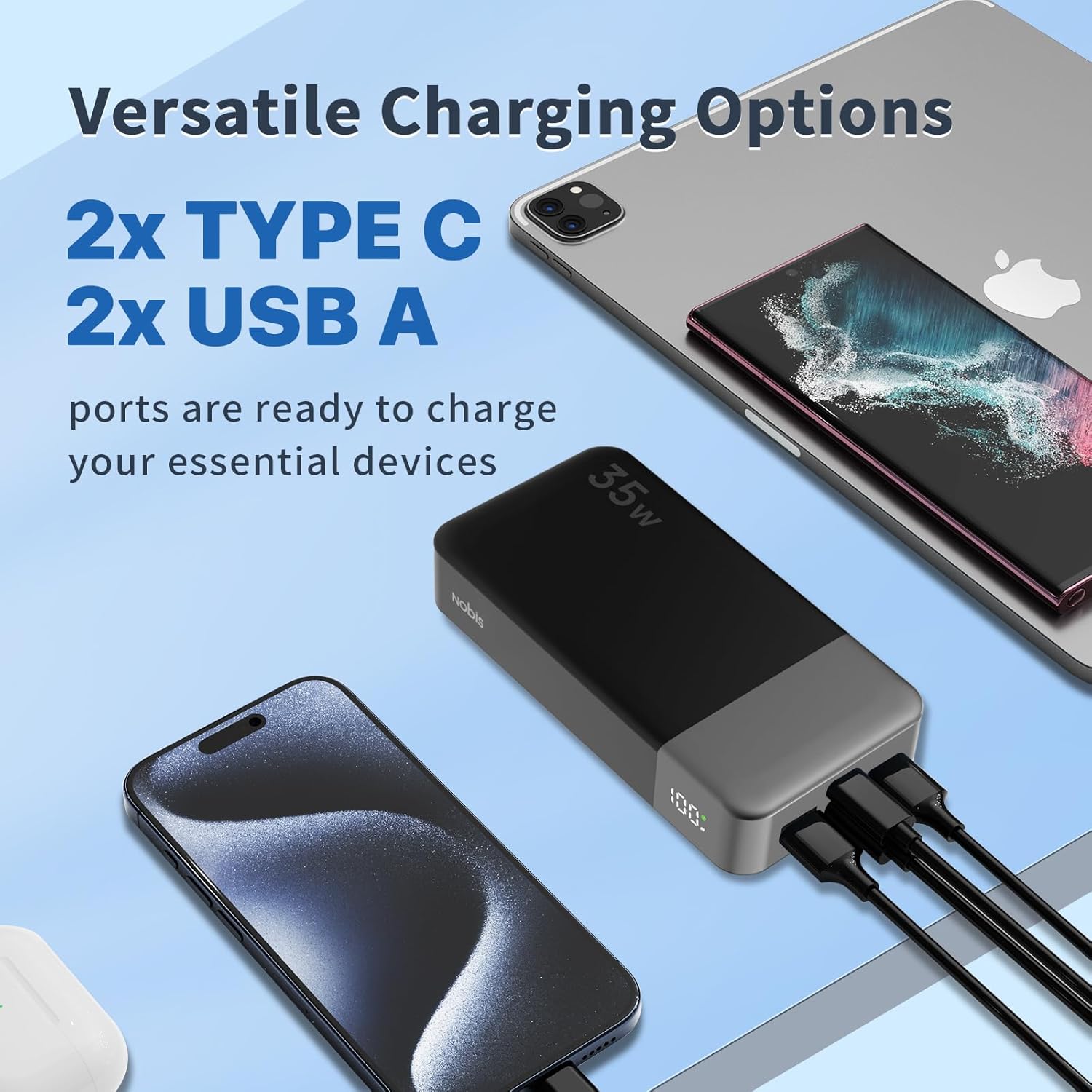 NOBIS Portable Charger, 20000mAh Power Bank, 35W Power Bank Fast Charging, Battery Pack with C to C Cable, Battery Bank with Digital Display for Phone Android etc - Image 4