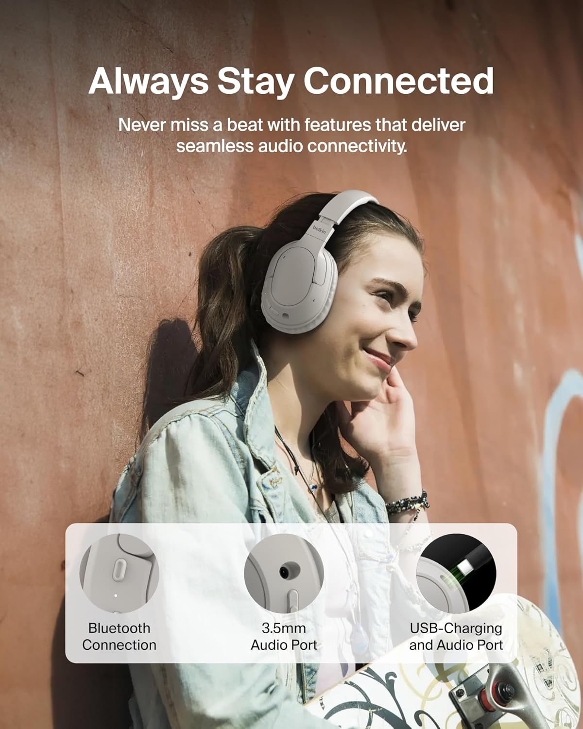 Belkin SoundForm Surround Bluetooth Over-Ear Headphones - Environmental Noise Cancelling Headphones - Wireless w/ 60H Playtime & Soft Ear Cups for iPhone, Galaxy, iPad, Travel, Home, or Office - Sand - Image 5