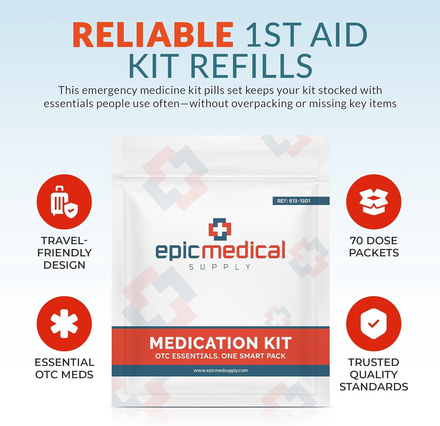 Epic Medical Supply First Aid Kit Medication Refill – 70-Count Unit Dose Packets – Emergency Medicine Kit Pills for 1st Aid Kit Refills, Travel, Office, Dorm, Camping – Assembled in USA (70 Pieces) - Image 6