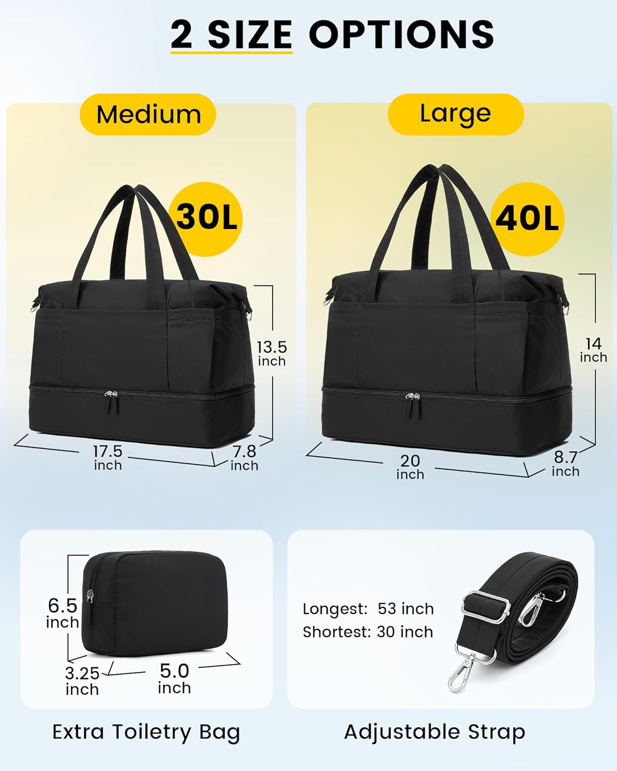 Vorspack Duffle Bag for Travel - 30L Gym Bag for Women Men Personal Item Travel Bag with Shoe Pocket Toiletry Bag Lightweight Carry On Bag for Weekender Overnight Sports - Black - Image 2