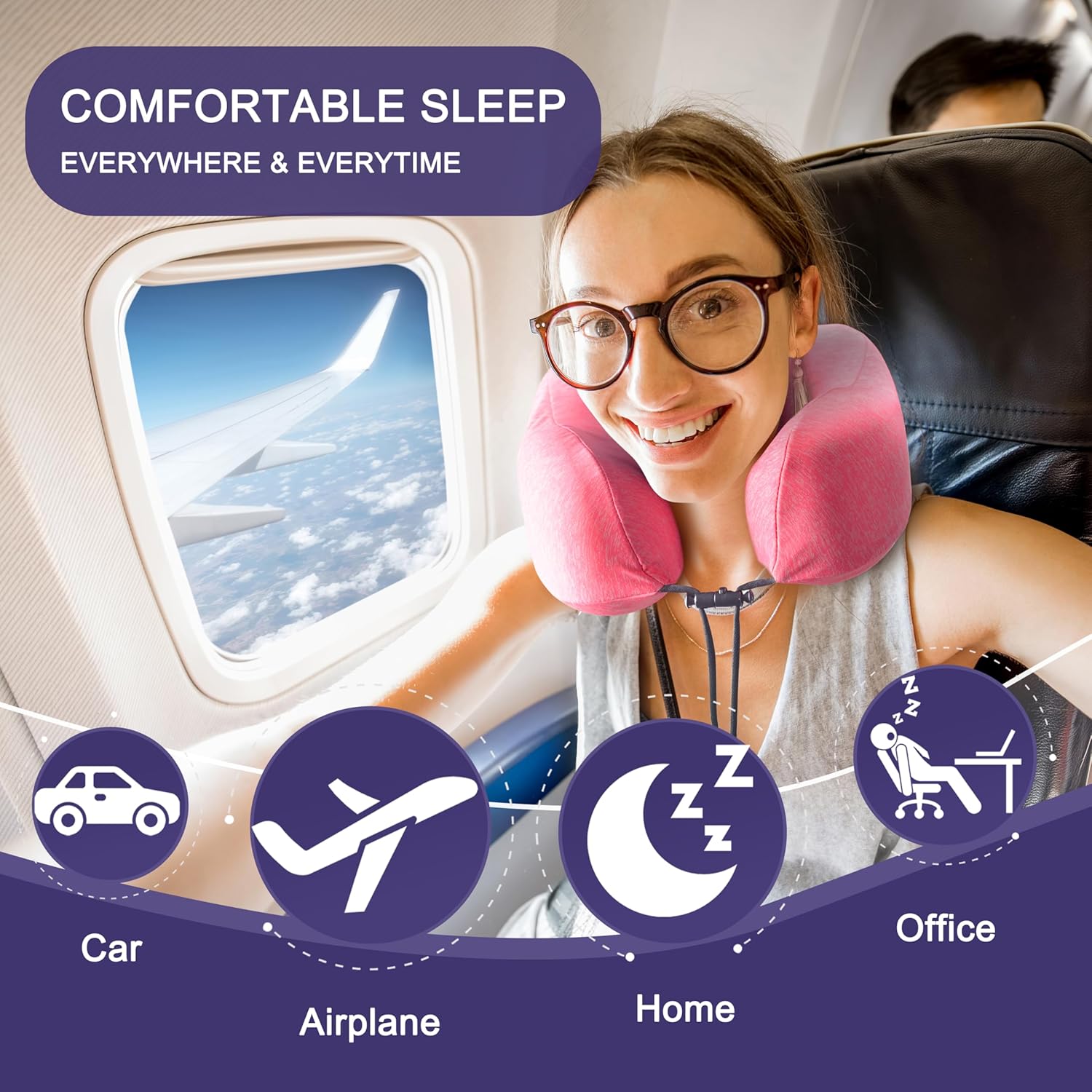 napfun Neck Pillow for Traveling, Upgraded Travel Neck Pillow for Airplane 100% Pure Memory Foam Travel Pillow for Flight Headrest Sleep, Portable Plane Accessories, Rose - Image 5