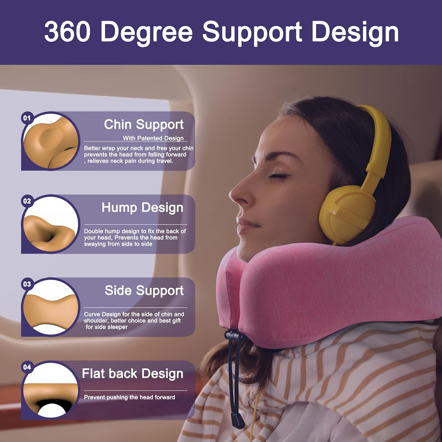 napfun Neck Pillow for Traveling, Upgraded Travel Neck Pillow for Airplane 100% Pure Memory Foam Travel Pillow for Flight Headrest Sleep, Portable Plane Accessories, Rose - Image 3