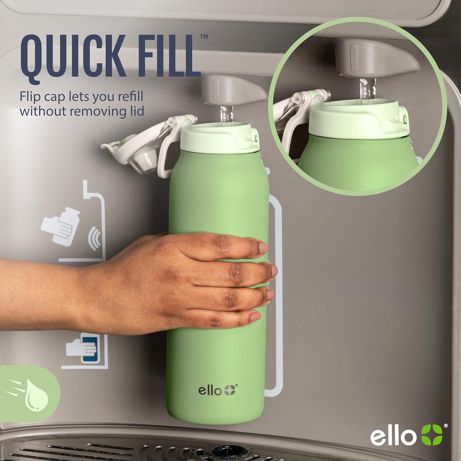 Ello Pop & Fill 22oz Stainless Steel Water Bottle with Quick Fill Technology, Double Walled and Vacuum Insulated Metal, Leak Proof Locking Lid, Sip and Chug, Reusable, BPA Free, Forest Mist - Image 3