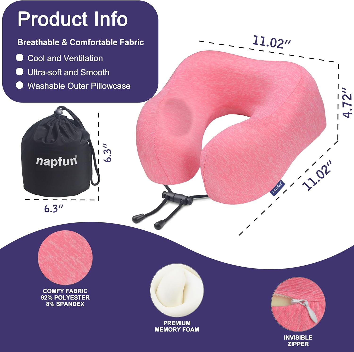 napfun Neck Pillow for Traveling, Upgraded Travel Neck Pillow for Airplane 100% Pure Memory Foam Travel Pillow for Flight Headrest Sleep, Portable Plane Accessories, Rose - Image 2