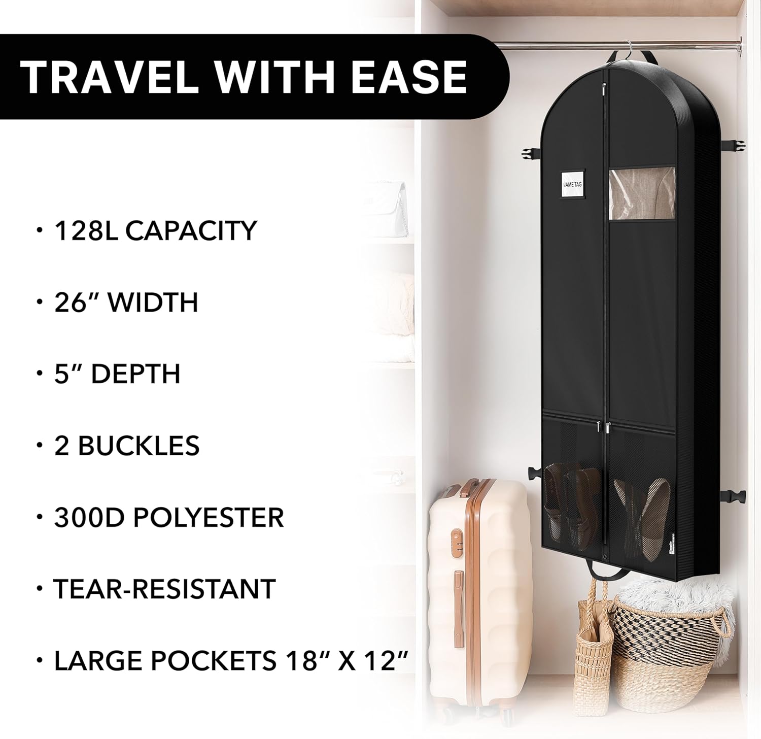 Simple Houseware 60'' Travel Garment Bag with Pockets for Suits, Dresses, Coats, Tuxedos, Heavy Duty 300D Polyester - Image 6