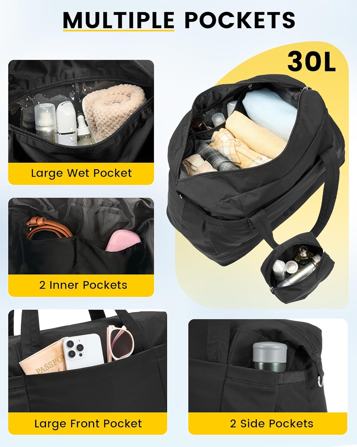 Vorspack Duffle Bag for Travel - 30L Gym Bag for Women Men Personal Item Travel Bag with Shoe Pocket Toiletry Bag Lightweight Carry On Bag for Weekender Overnight Sports - Black - Image 3