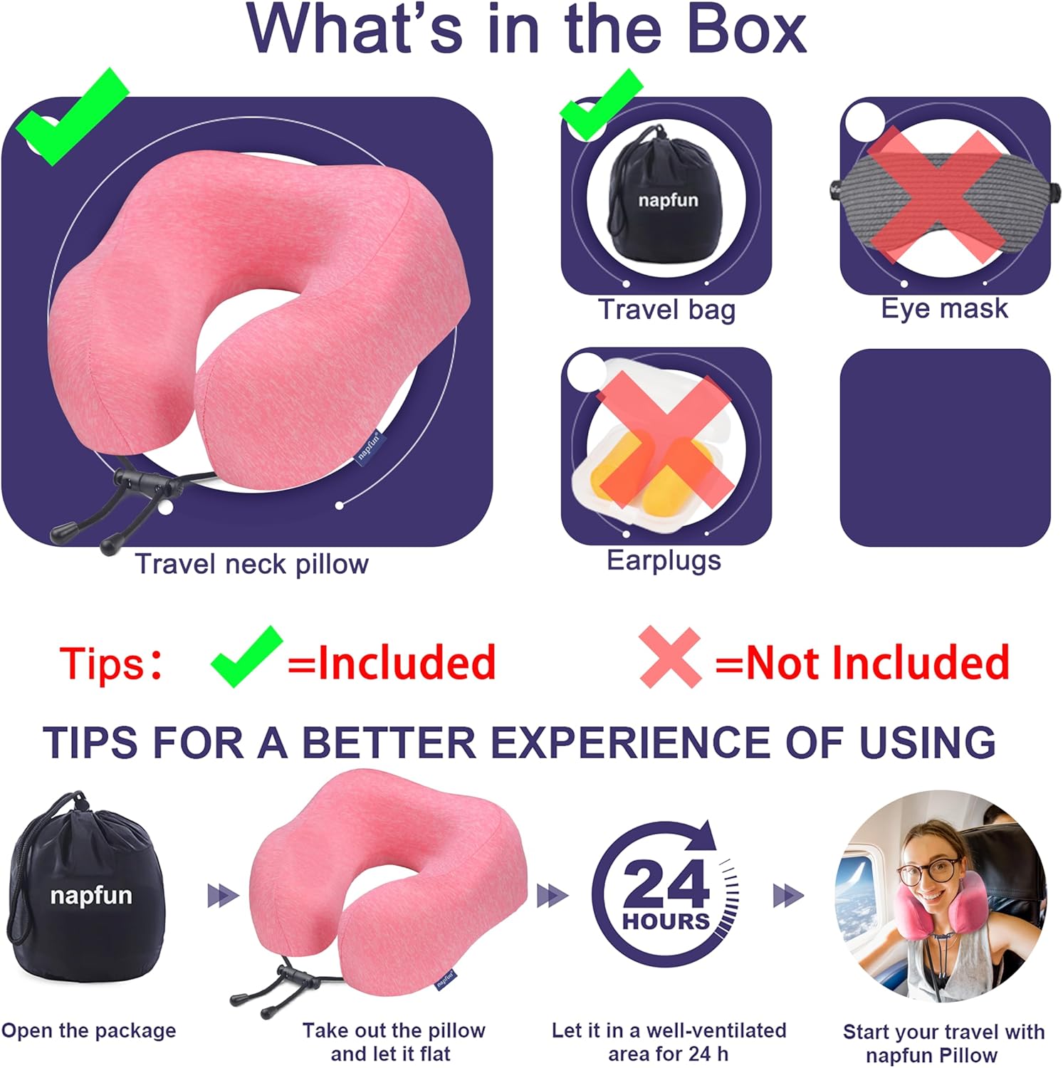 napfun Neck Pillow for Traveling, Upgraded Travel Neck Pillow for Airplane 100% Pure Memory Foam Travel Pillow for Flight Headrest Sleep, Portable Plane Accessories, Rose - Image 6