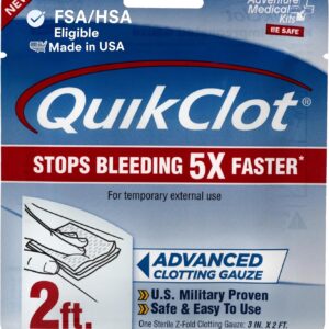 Adventure Medical Kits QuikClot Advanced Clotting Gauze - Stops Bleeding Up to 5X Faster Than Standard Gauze - Kaolin Hemostatic Dressing - for First Aid Kits & Survival Gear - 3 x 24