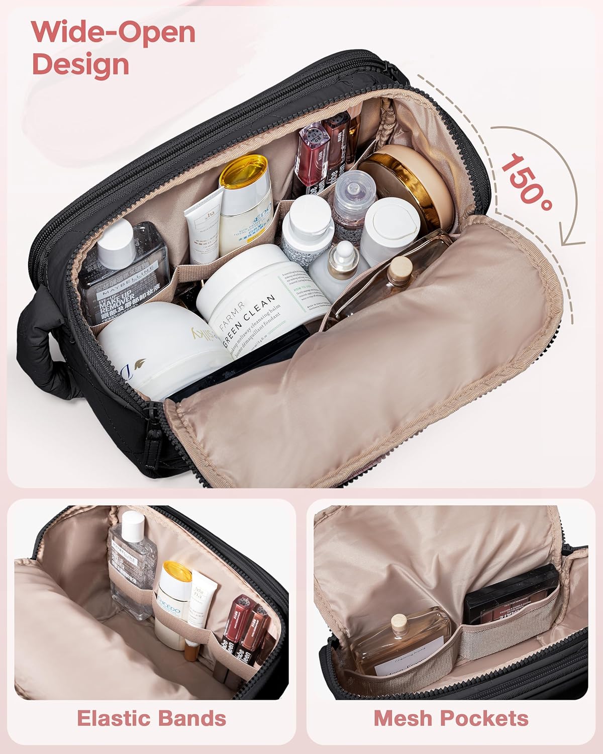Marscamd Travel Toiletry Bag for Women, Water Resistant Makeup Organizer with Wide-Open Design for Toiletries and Cosmetics, Black (Bag Only) - Image 2