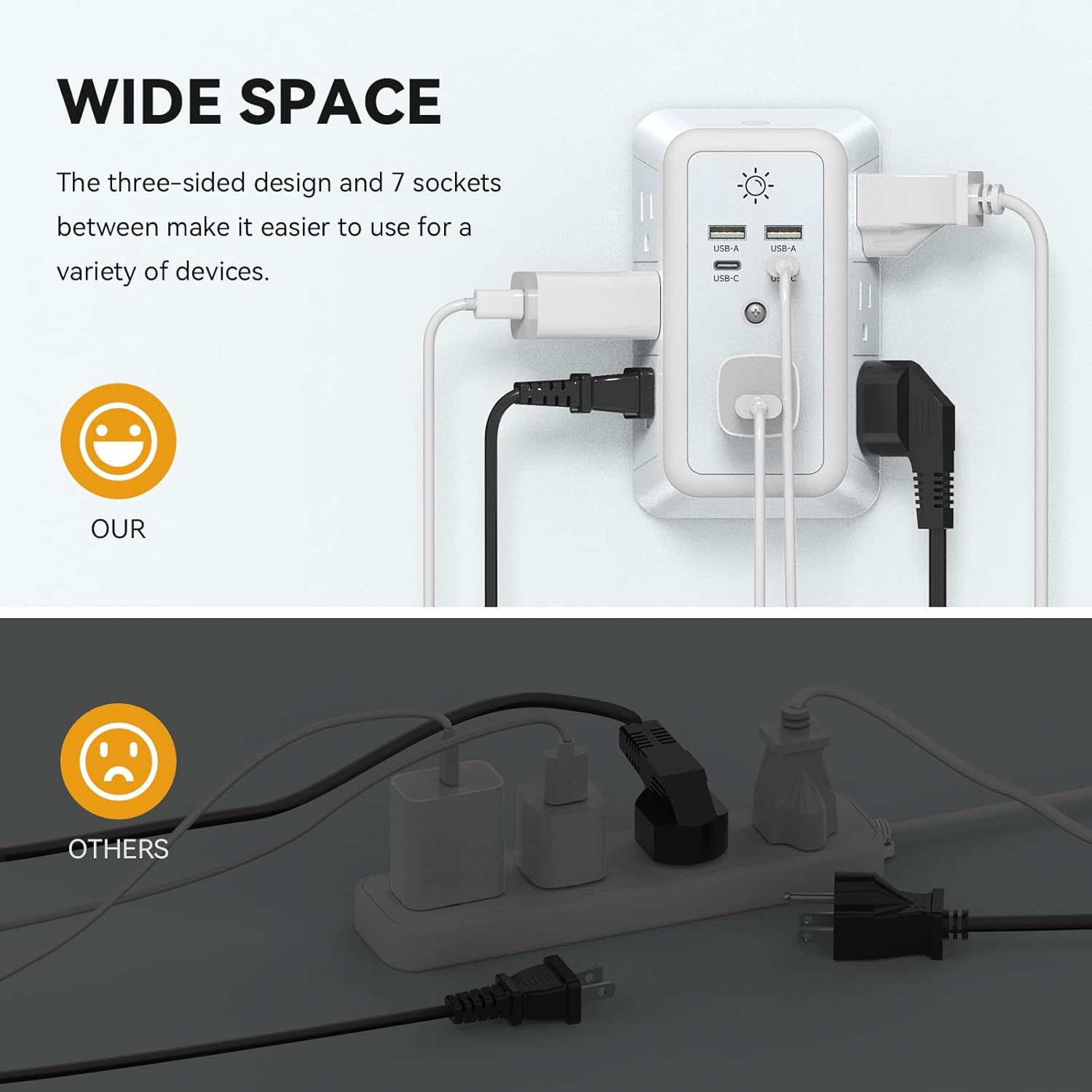 Multi Plug Outlet, USB Wall Charger, Surge Protector, 7 Outlet Extender with 4 USB Charging Ports (2 USB C) 1680J Power Strips Outlets with Night Light, Wall Plug Adapter Spaced for Home Travel Office - Image 4