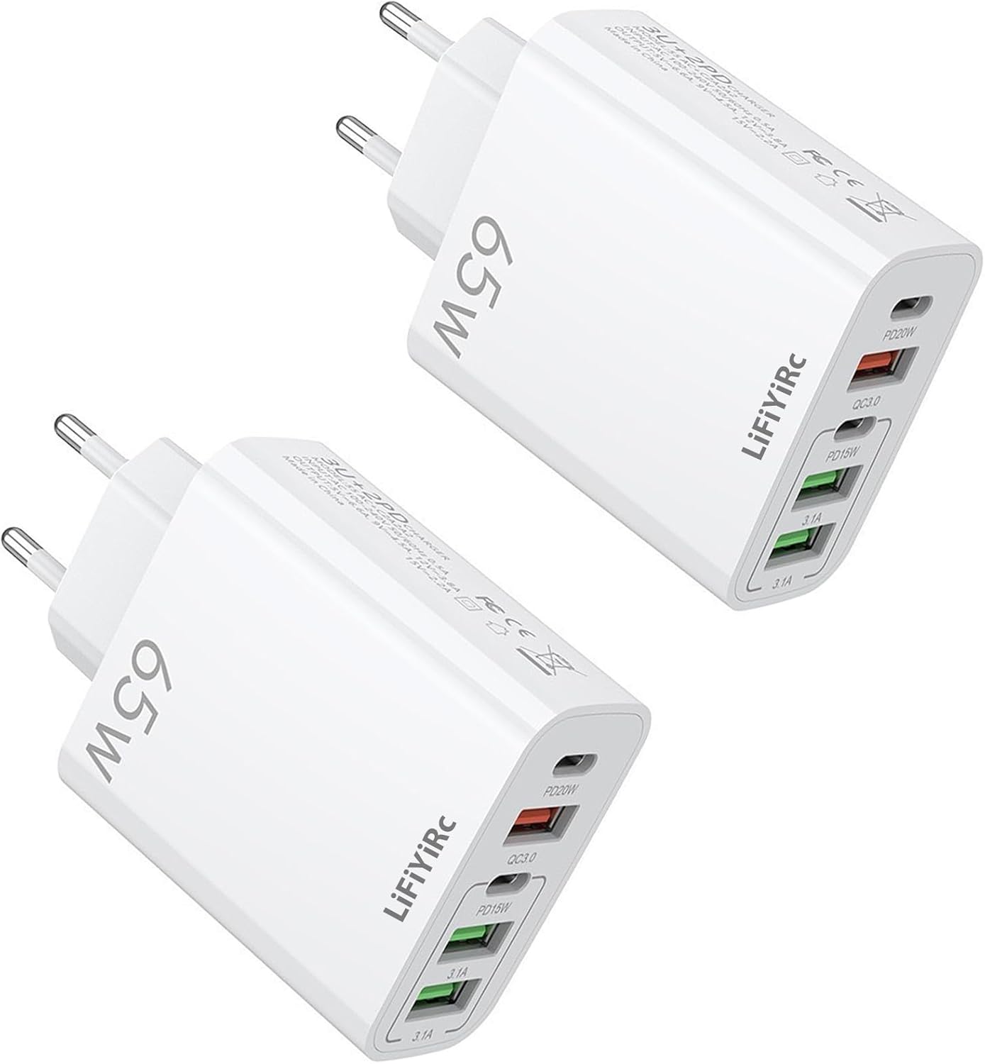 European USB C Charger 6.6A 2 Pack, LiFiYiRc PD 20W & QC 3.0 Fast Charging Multi Ports, 2 USB C 3 USB A Europe Plug Adapter Compatible for iPhone 17 16 15 14 13 12 11 Pro Max XS XR X Plus, Samsung