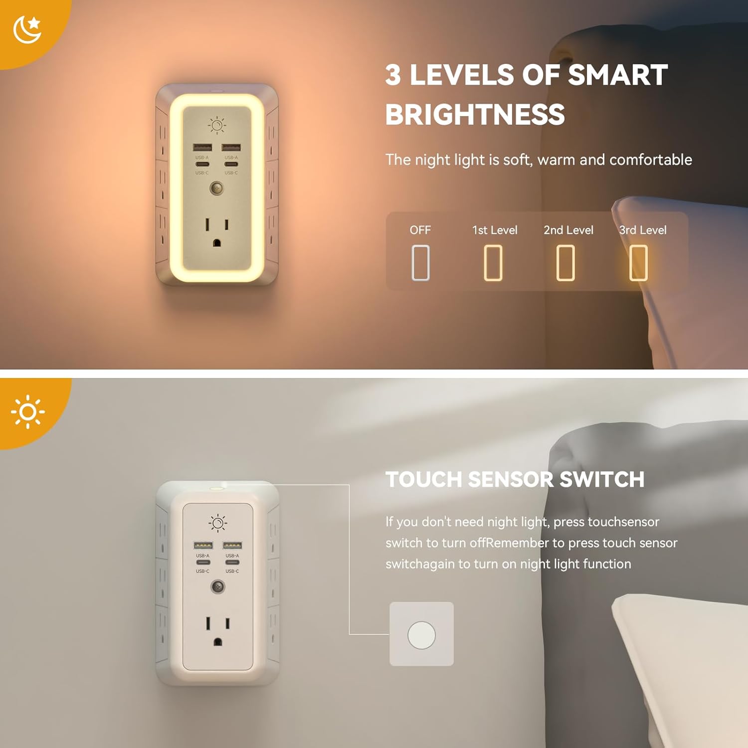 Multi Plug Outlet, USB Wall Charger, Surge Protector, 7 Outlet Extender with 4 USB Charging Ports (2 USB C) 1680J Power Strips Outlets with Night Light, Wall Plug Adapter Spaced for Home Travel Office - Image 3